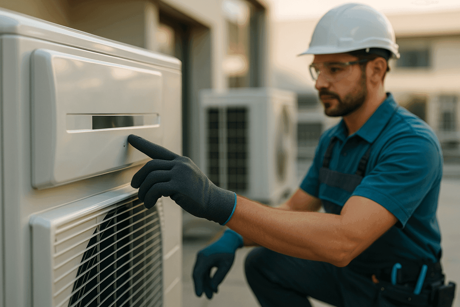 Technician in safety gear adjusting air conditioning unit at clean commercial rooftop
