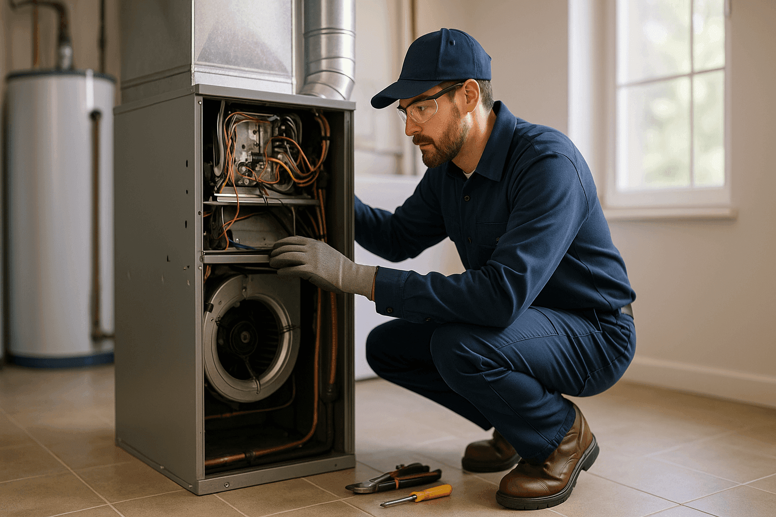 Técnico inspeccionando una unidad HVAC en un cuarto de servicios bien iluminado