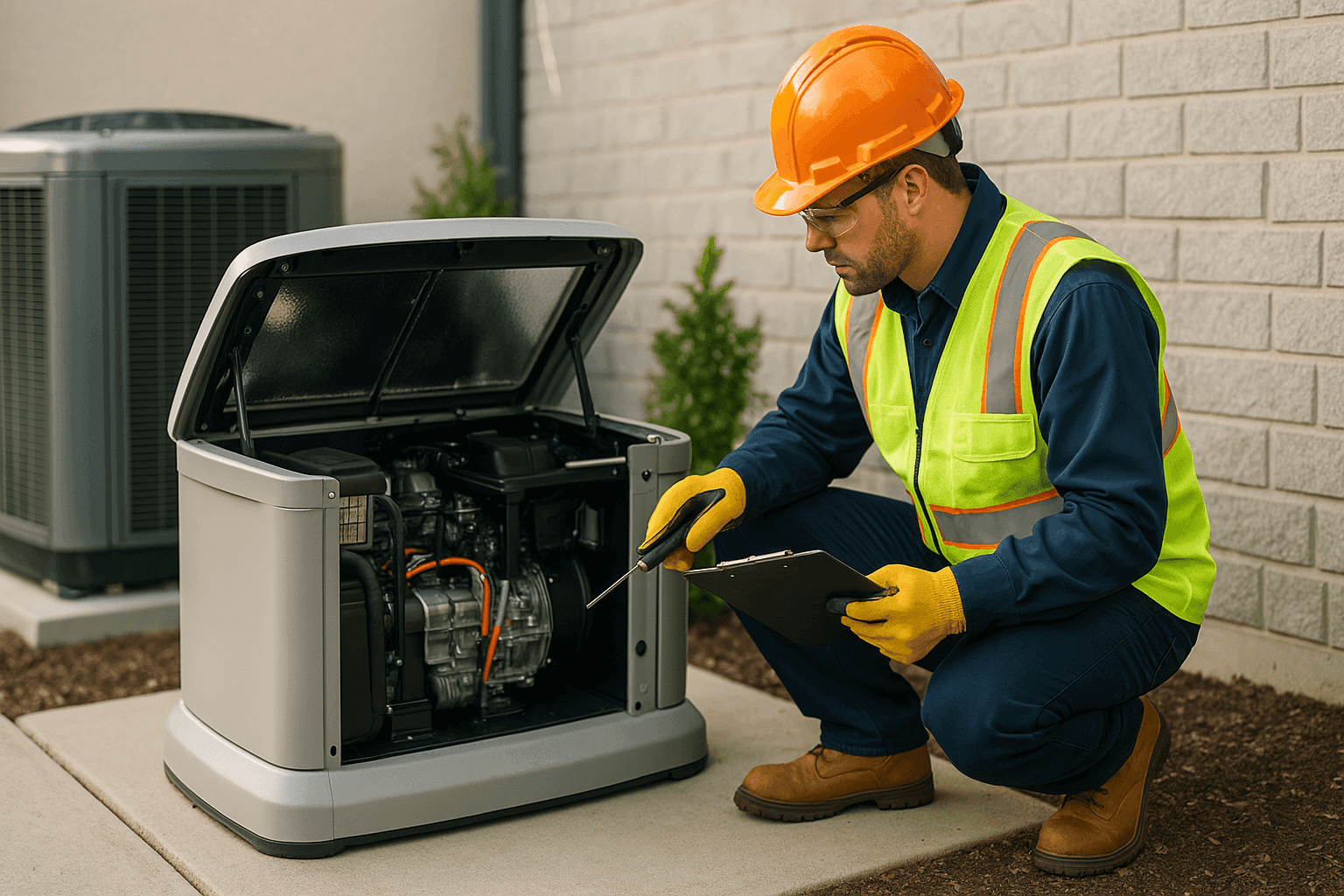 Technician inspecting a backup generator next to an outdoor AC unit
