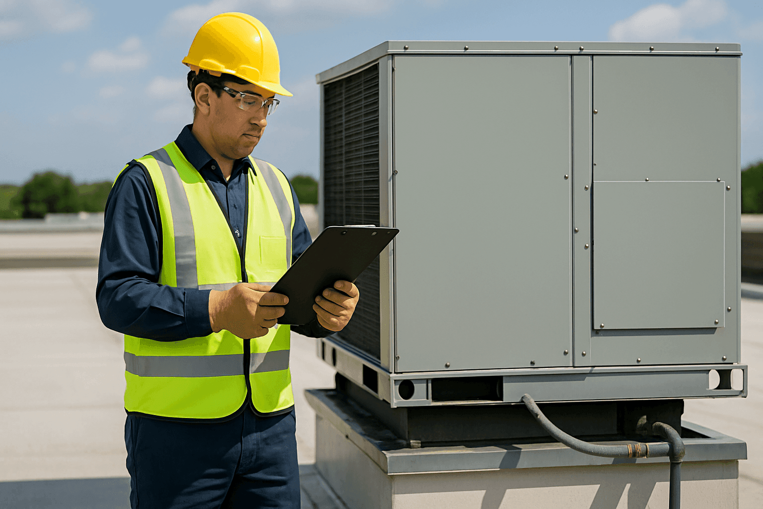 Técnico revisando una lista de verificación de mantenimiento junto a una unidad HVAC comercial en la azotea