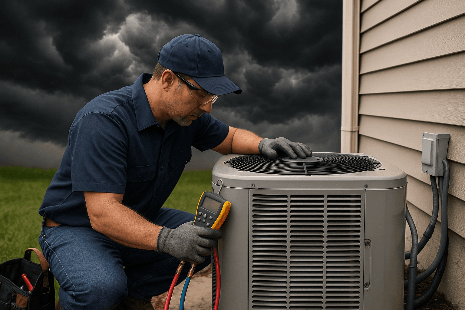 Técnico inspeccionando unidad de AC exterior antes de clima severo